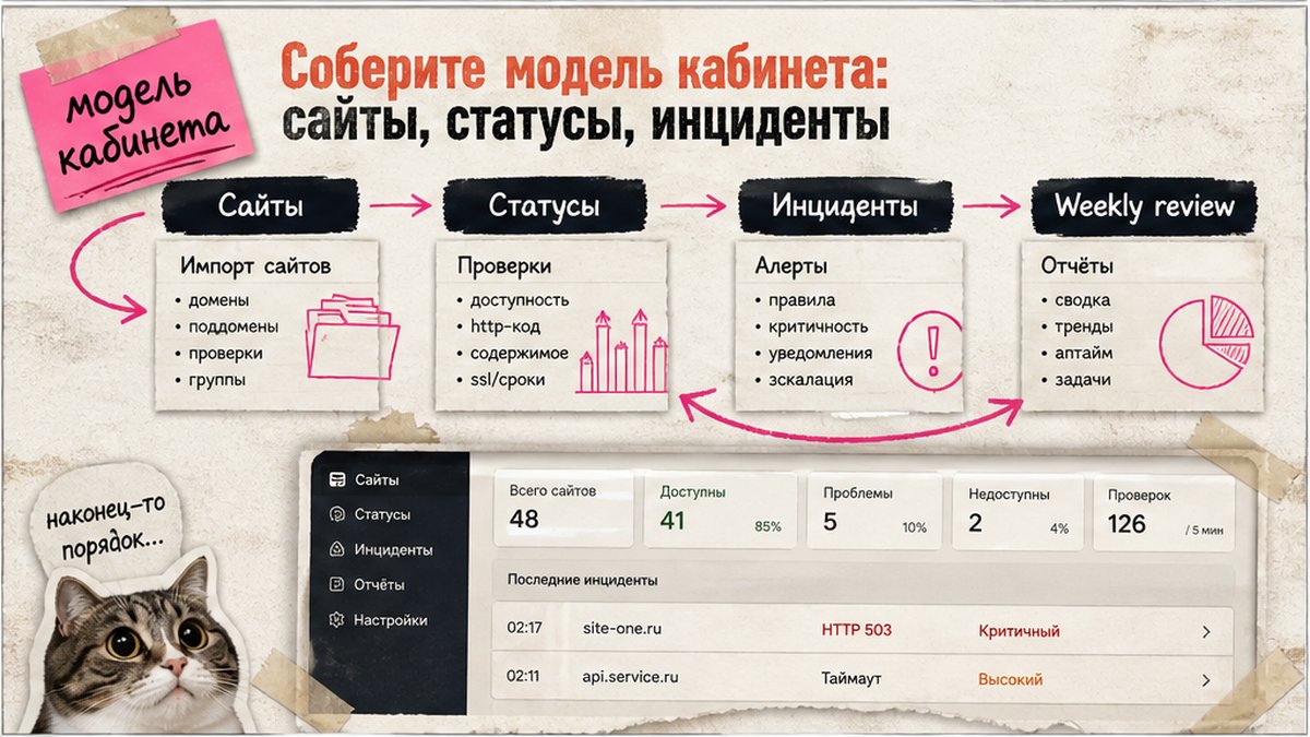 Схема модели кабинета: сайты, статусы, инциденты