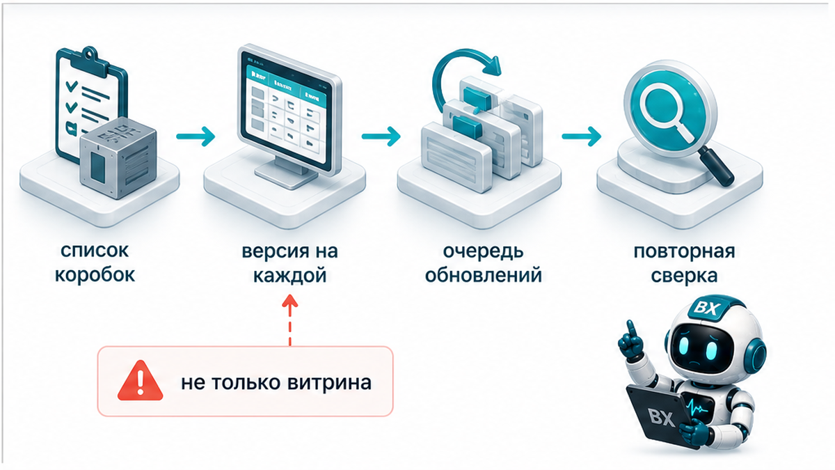 Схема сверки версий landing по всему парку коробок, не одной витрине