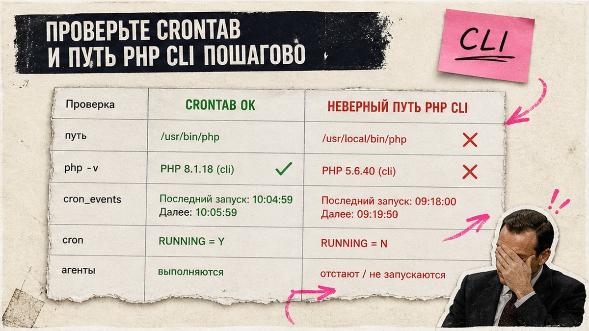 Таблица сравнения: корректный crontab и путь PHP CLI против ошибочного