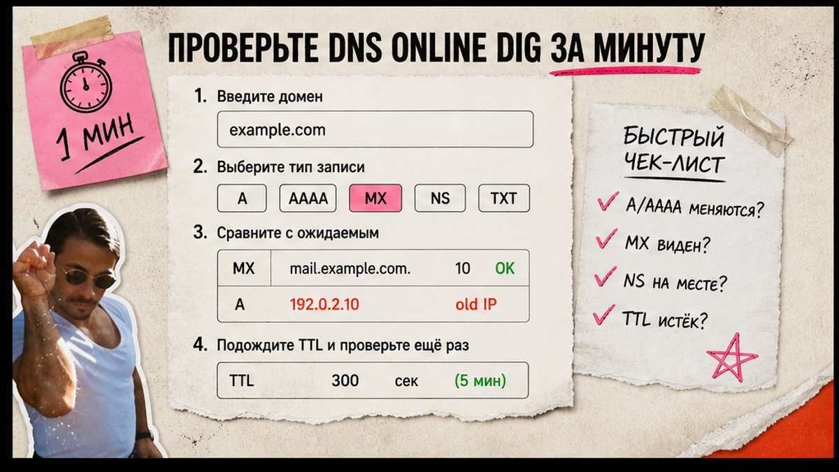 Чеклист проверки DNS через dig online за минуту