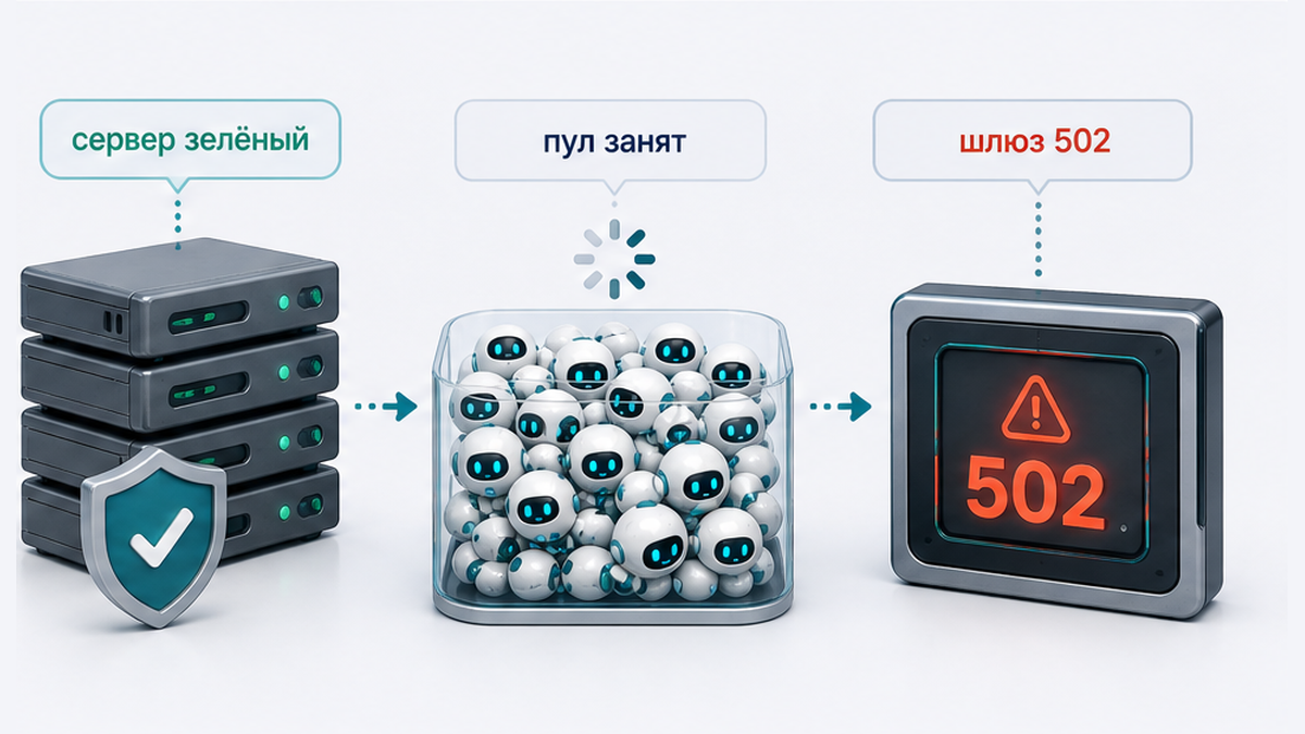 Схема: зелёный сервер против 502 на шлюзе при занятом PHP-пуле