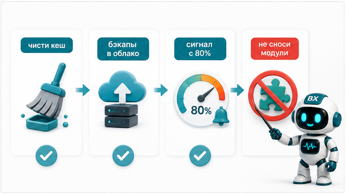 Пошаговая схема безопасной очистки места на сервере Битрикс