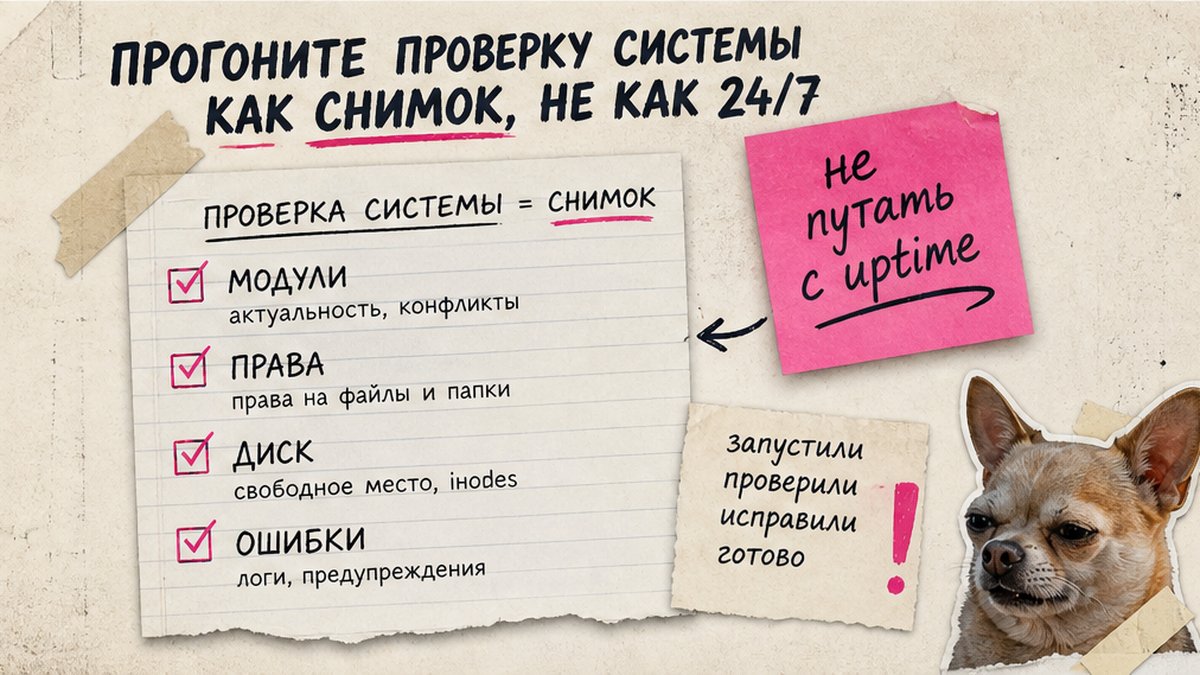 Чеклист: Проверка системы как разовый снимок, не круглосуточный мониторинг