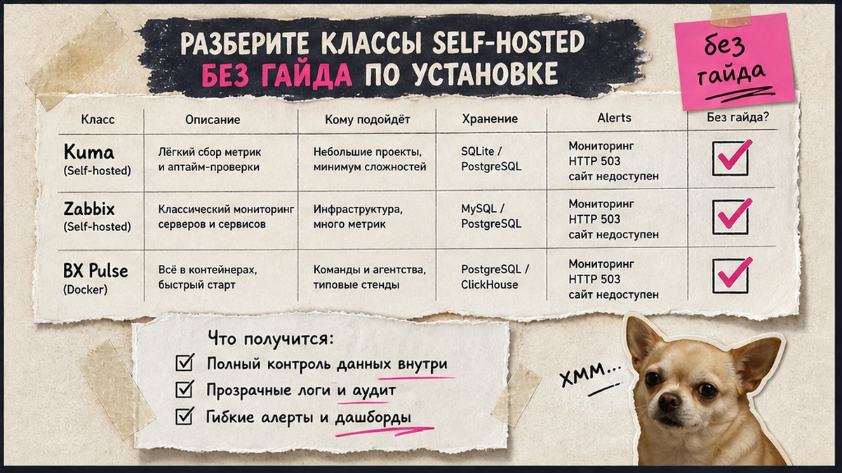 Чеклист классов self-hosted: Kuma, Zabbix, BX Pulse без гайда по установке