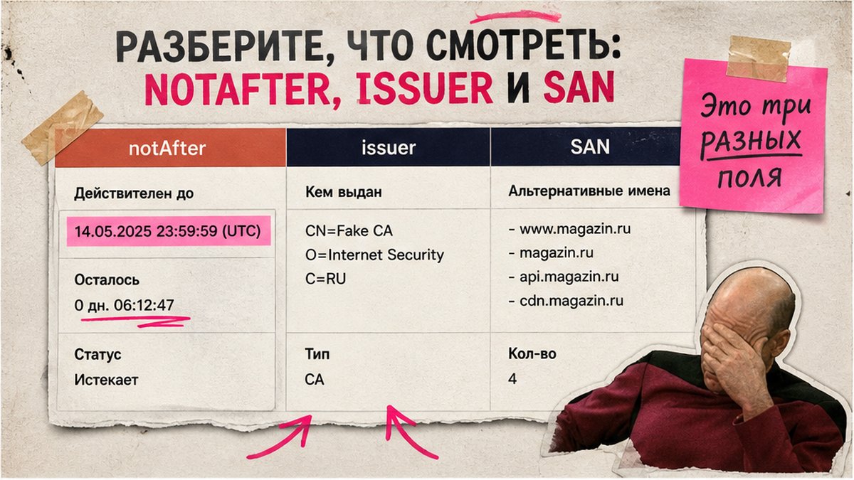 Таблица полей сертификата: notAfter, issuer и SAN