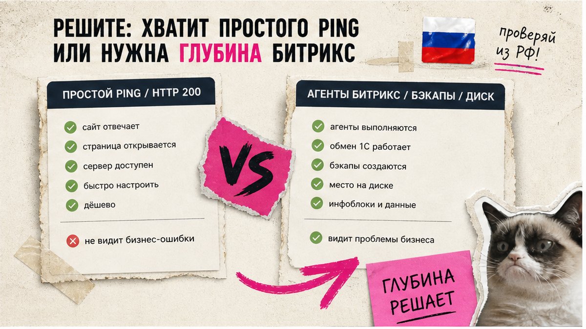Сравнение: простой ping HTTP 200 против глубины мониторинга Битрикс