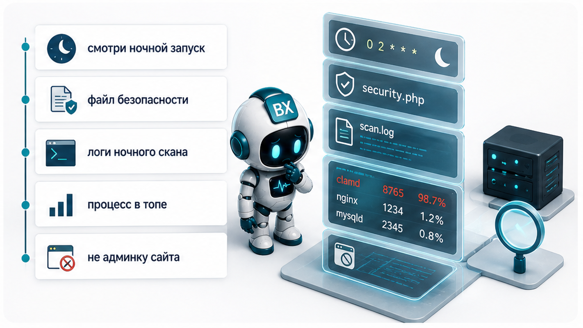 Где искать причину: ночной cron, файл безопасности, логи скана и top