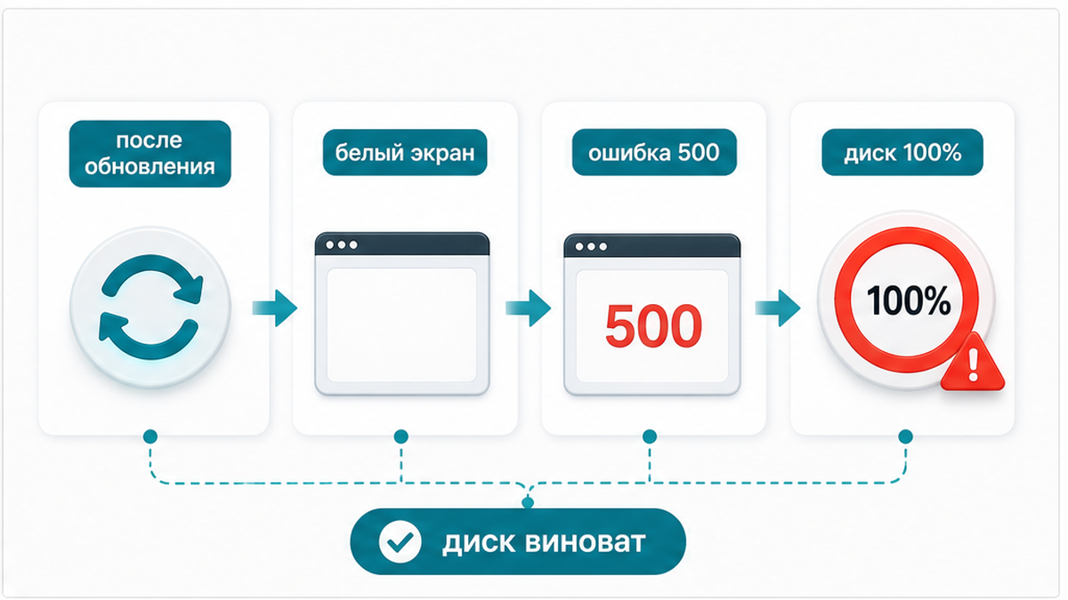 Схема: почему после обновления появляется 500 при полном диске