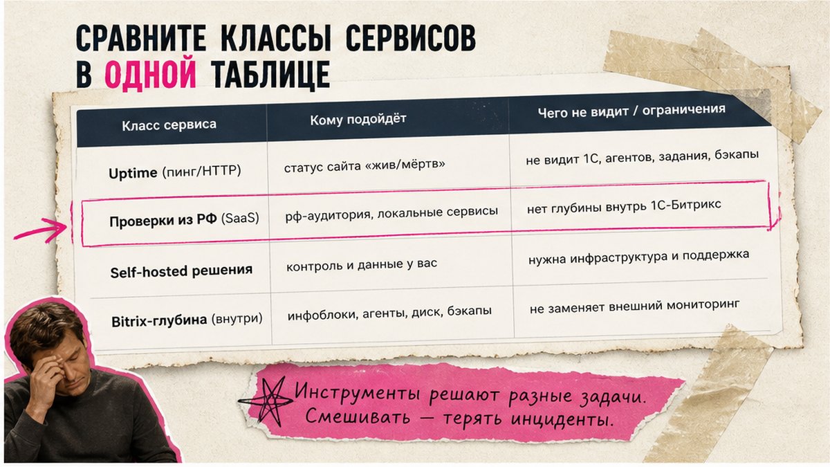 Таблица классов сервисов: UptimeRobot, RU SaaS, self-hosted, Bitrix-глубина