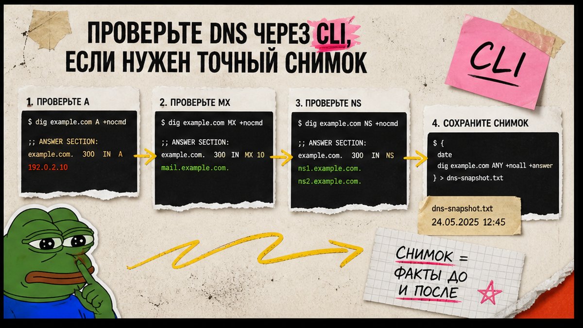 Схема CLI: dig A, MX, NS и снимок DNS после переезда
