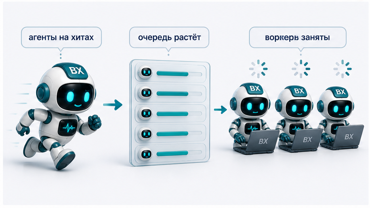 Схема: агенты на хитах раздувают очередь и держат воркеры PHP