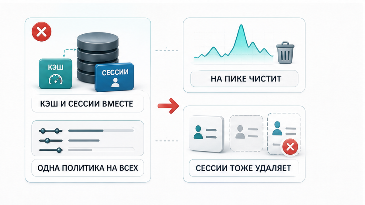 Сравнение: общий Redis чистит кэш и сессии вместе
