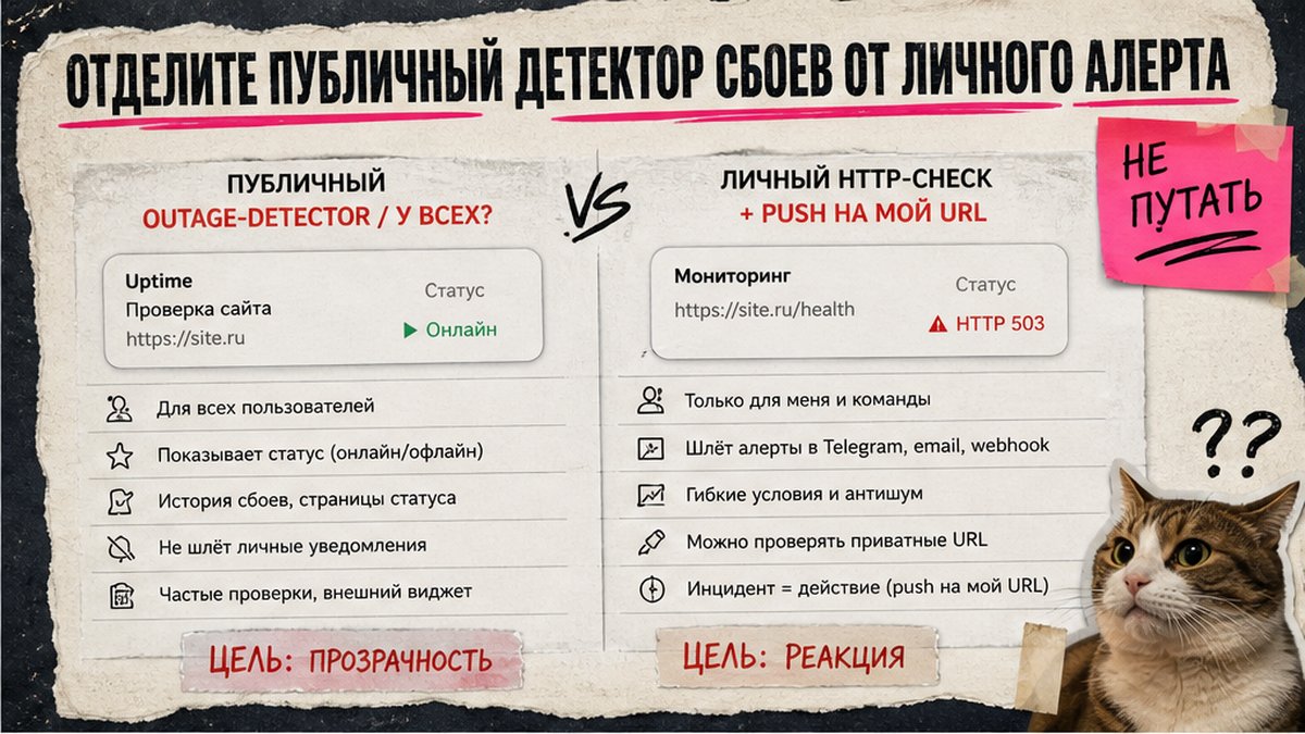 Развилка: публичный outage-detector против личного push о своём URL