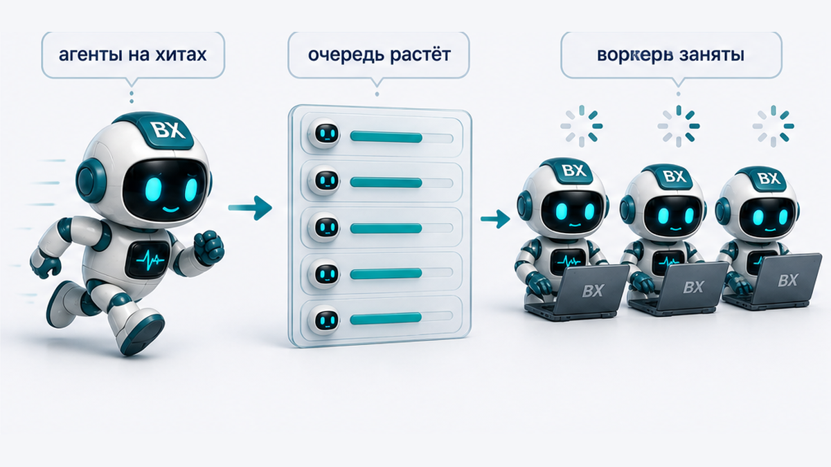 Схема: агенты на хитах раздувают очередь и держат воркеры PHP