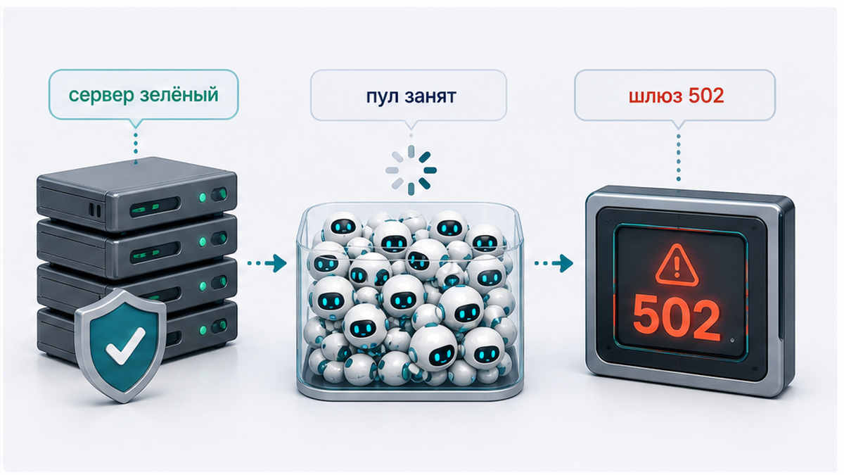 Схема: зелёный сервер против 502 на шлюзе при занятом PHP-пуле
