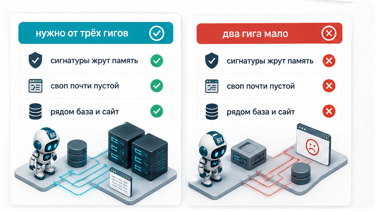 Сравнение: тесная BitrixVM 2 ГБ против запаса от 3 ГБ под ночной скан
