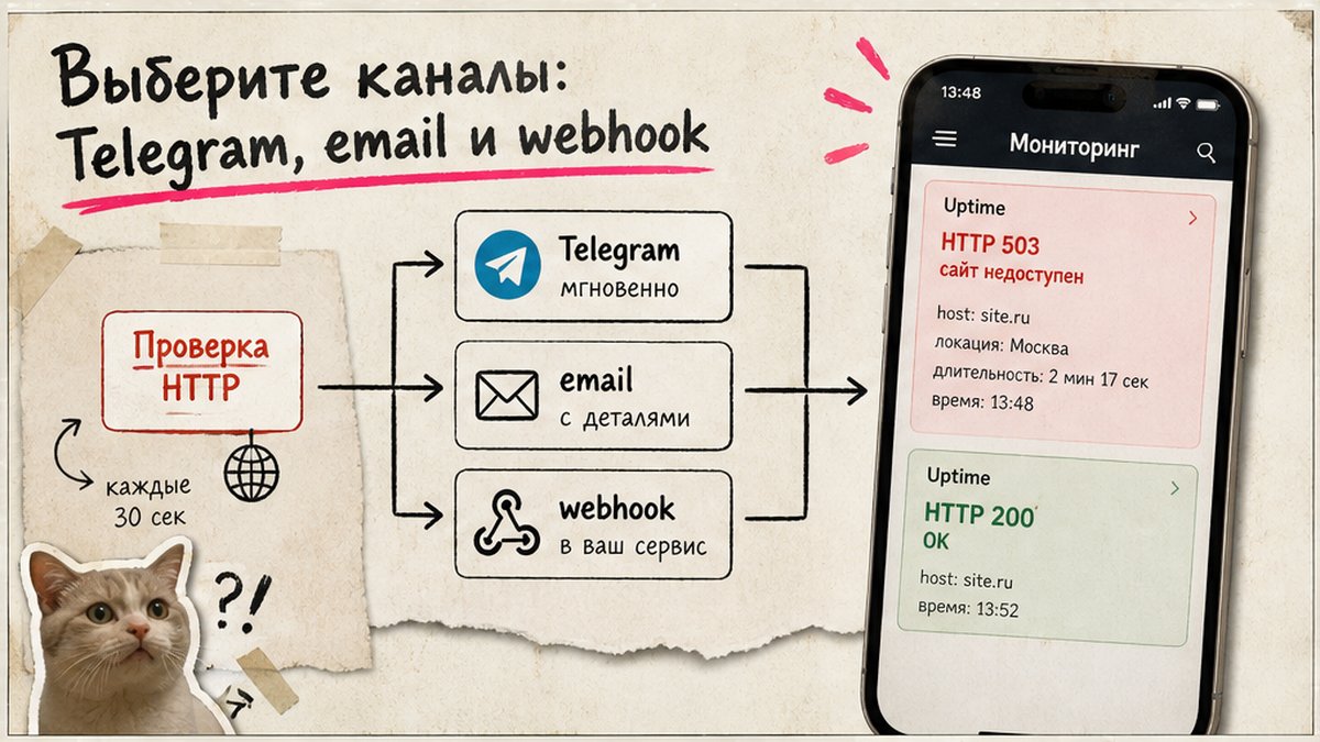 Схема каналов уведомлений: Telegram, email и webhook