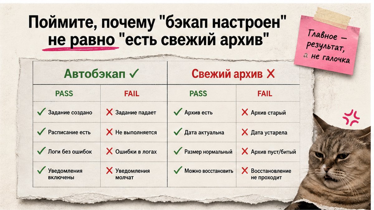 Таблица: автобэкап настроен vs свежий архив — PASS/FAIL