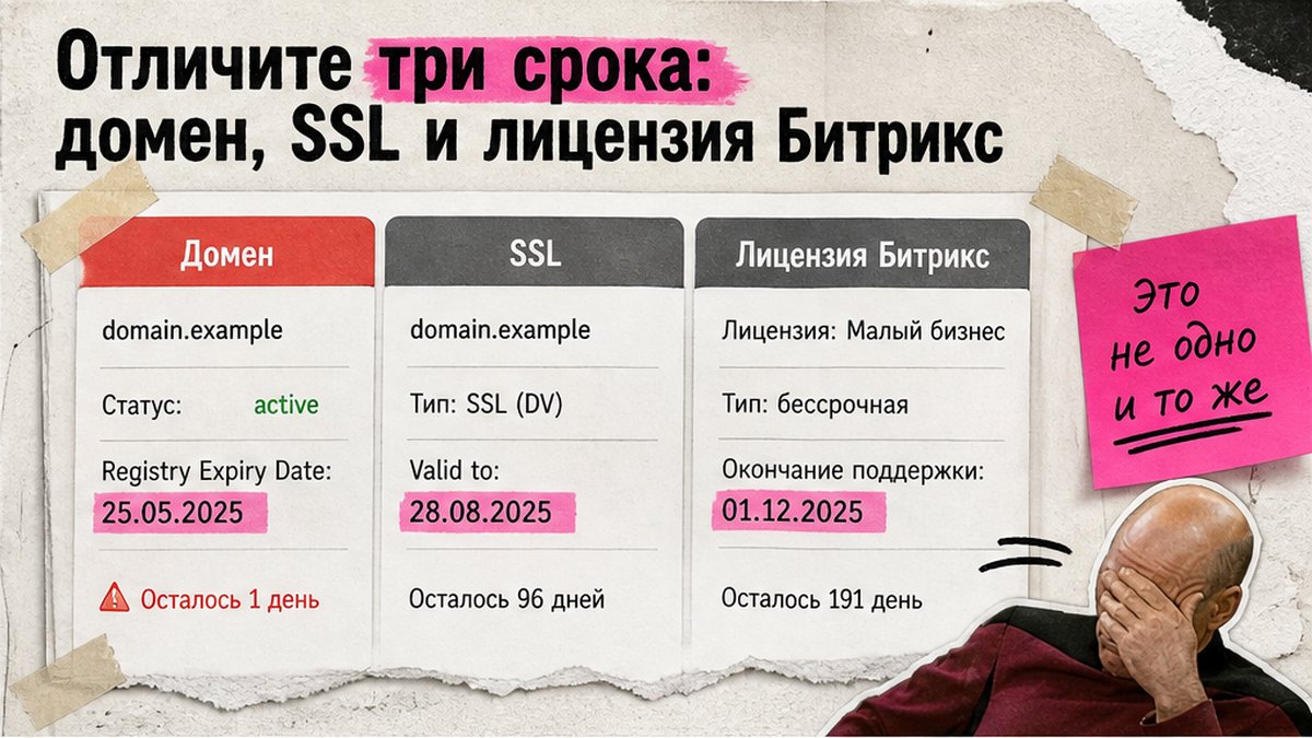 Таблица сравнения сроков: домен, SSL-сертификат и лицензия Битрикс