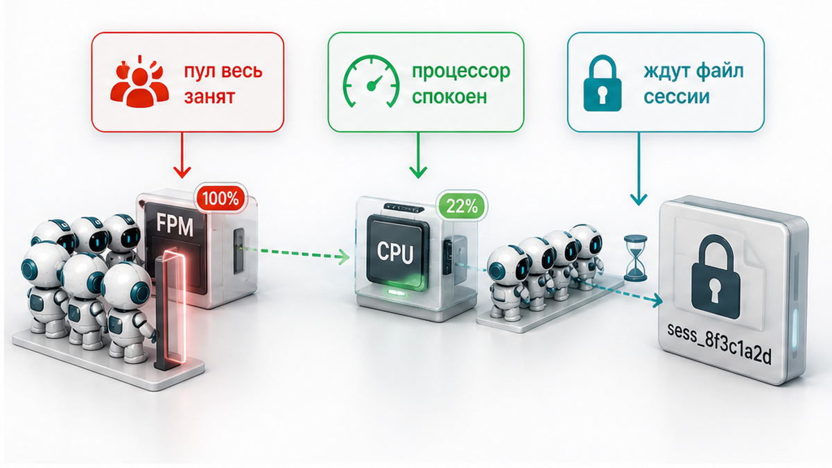 Схема: очередь FPM на блокировке файла сессии при зелёном CPU