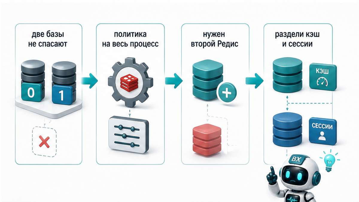 Схема: logical DB не делит политику — нужен второй Redis