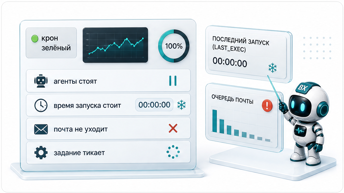 Схема: зелёный cron при стоящих агентах и почте