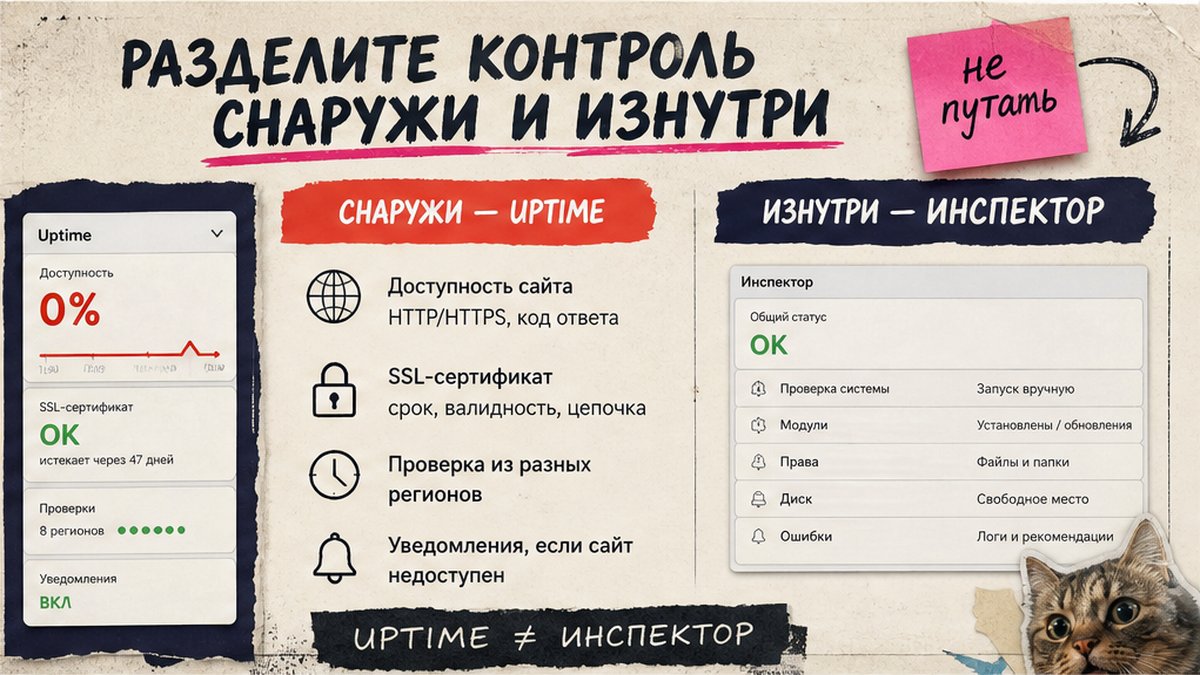 Таблица снаружи vs изнутри: внешний uptime и штатный Инспектор Битрикс