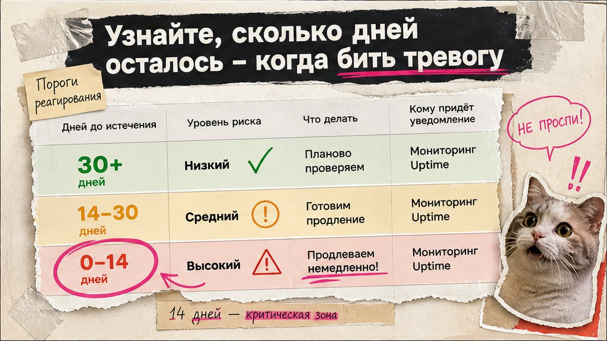 Таблица порогов: 30, 14, 7 и 1 день до истечения SSL – планирование и срочность