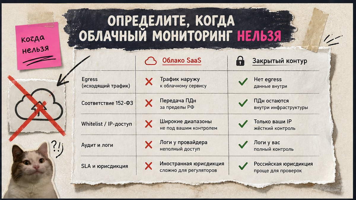 Таблица: когда облачный мониторинг нельзя — egress и ИБ-требования