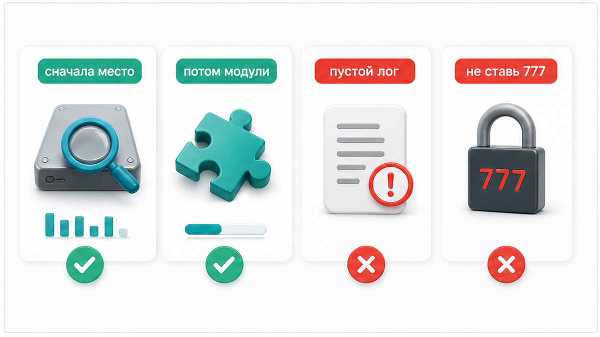 Сравнение: сначала место на диске, потом модули и права