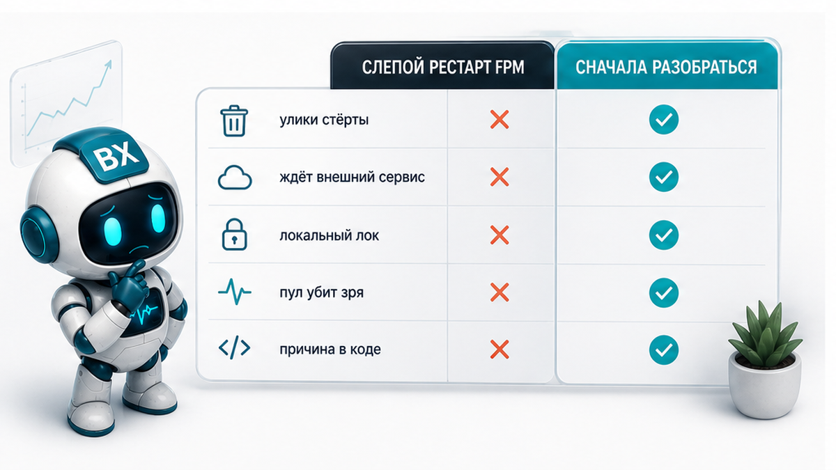 Сравнение: слепой рестарт FPM стирает улики против разбора