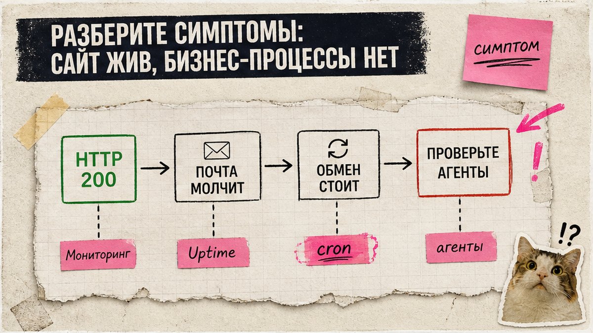Схема симптомов: сайт жив по HTTP, почта и обмен молчат — triage cron и агентов